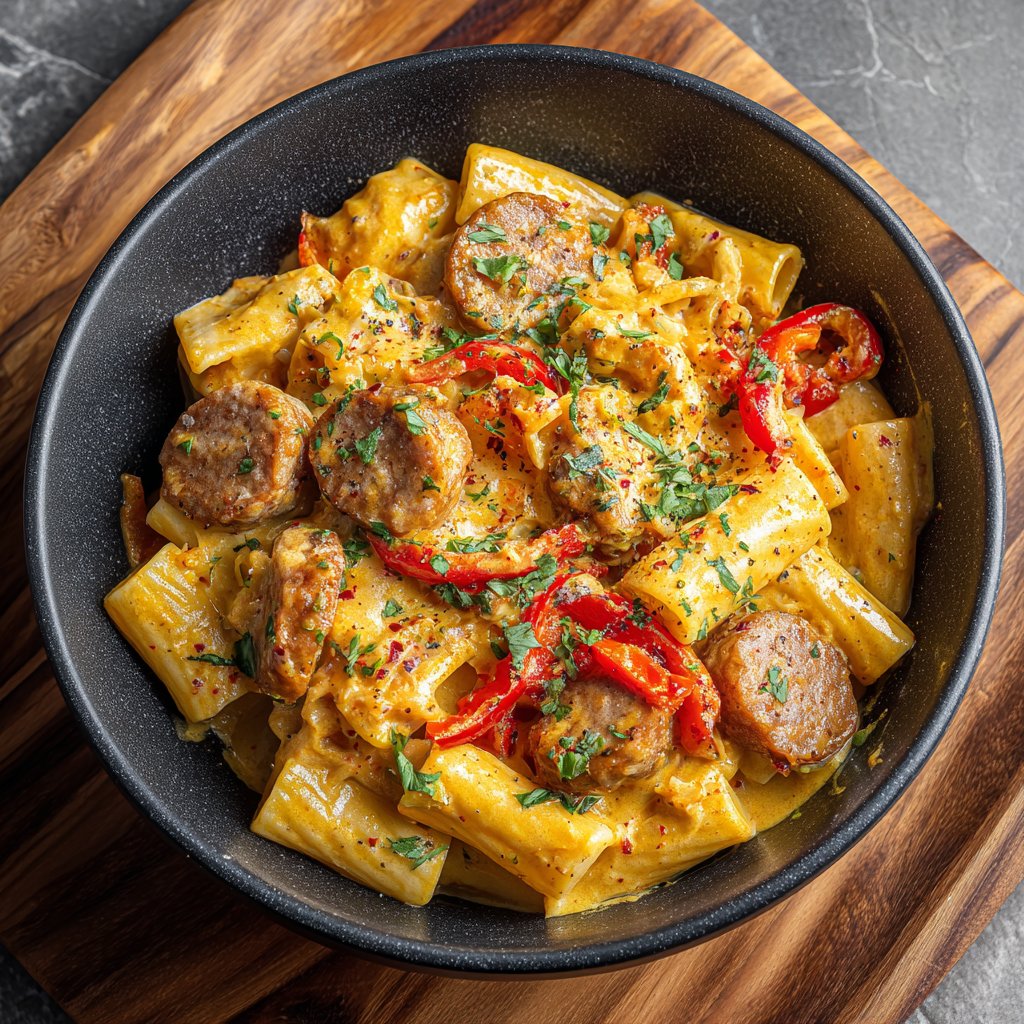 One Pot Creamy Cajun Sausage Rigatoni